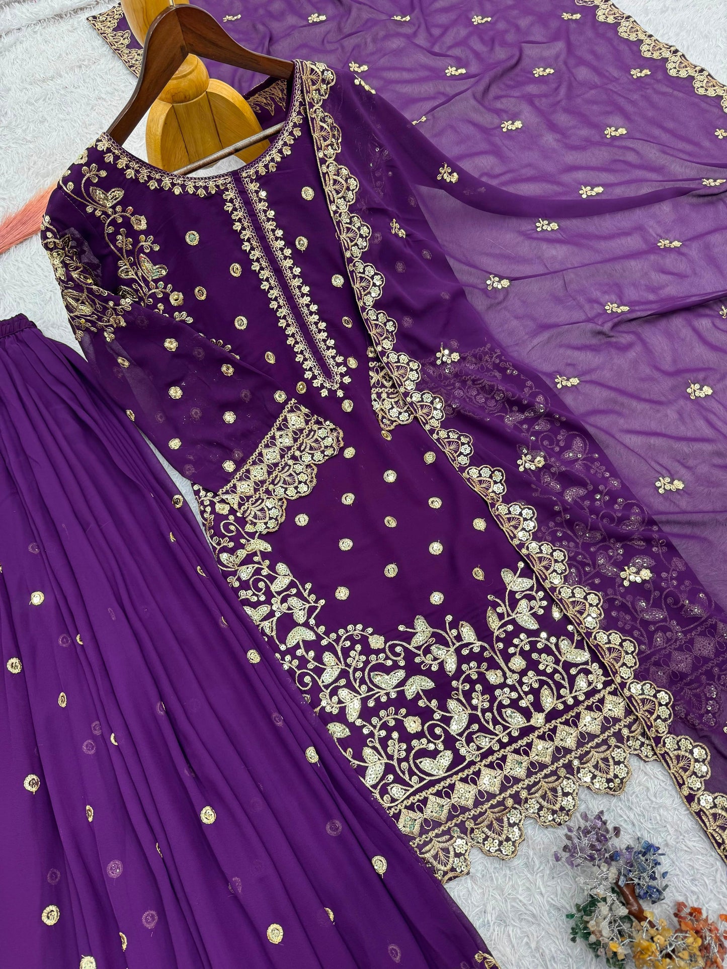 Purple Premium Embroidered Sequin Faux Georgette Palazzo Set with Dupatta