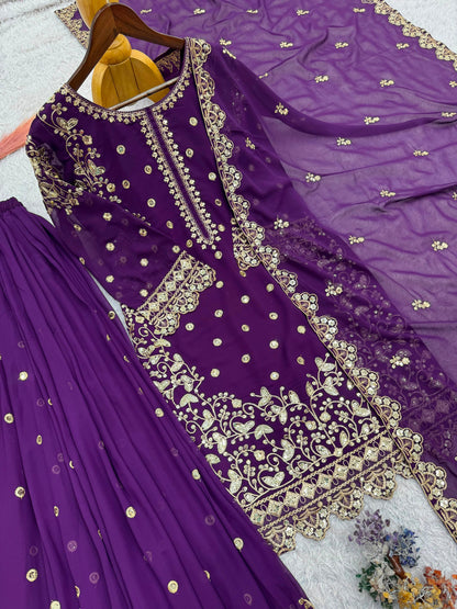 Purple Premium Embroidered Sequin Faux Georgette Palazzo Set with Dupatta