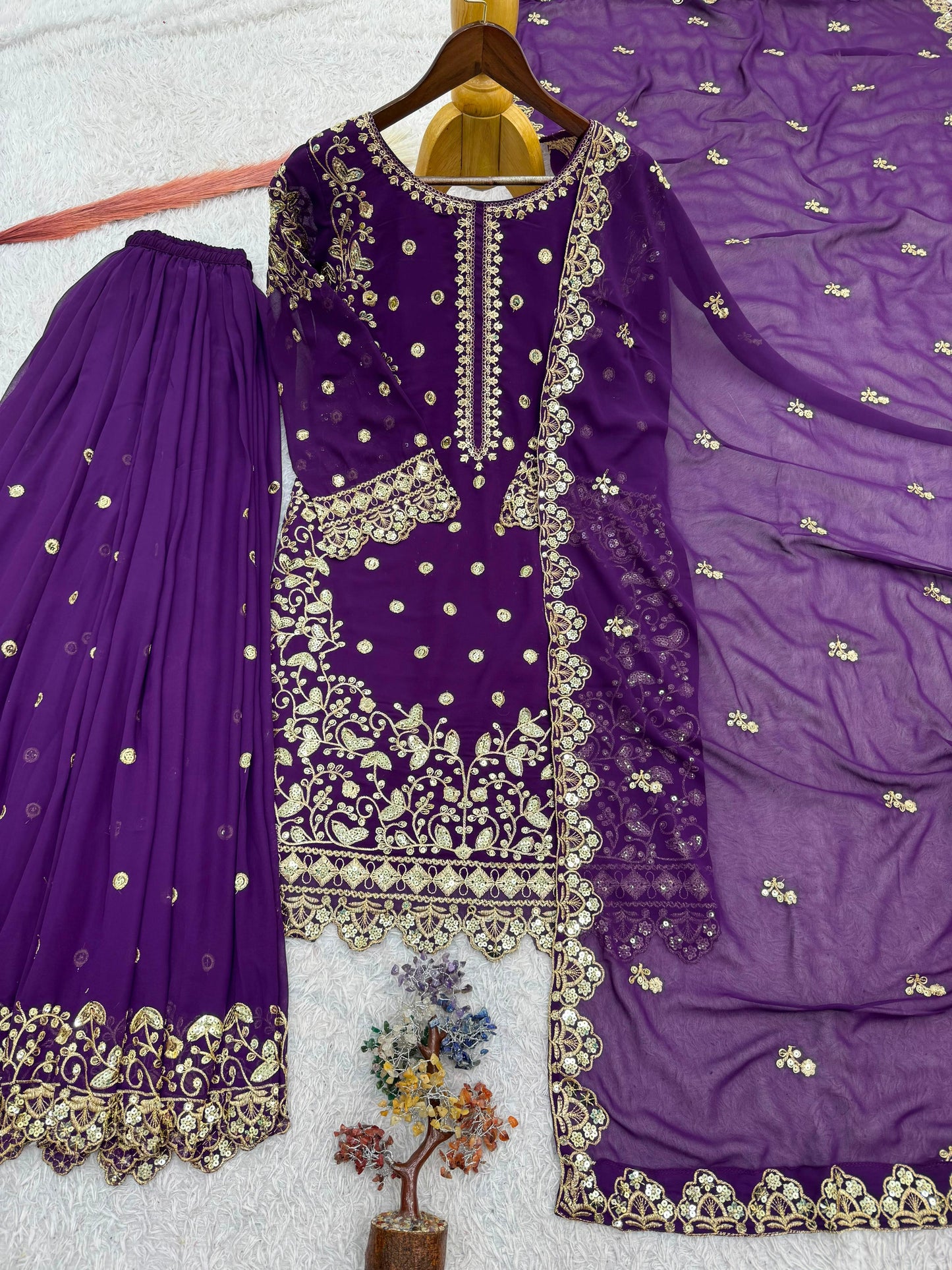 Purple Premium Embroidered Sequin Faux Georgette Palazzo Set with Dupatta