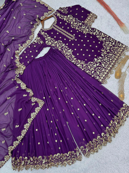 Purple Premium Embroidered Sequin Faux Georgette Palazzo Set with Dupatta