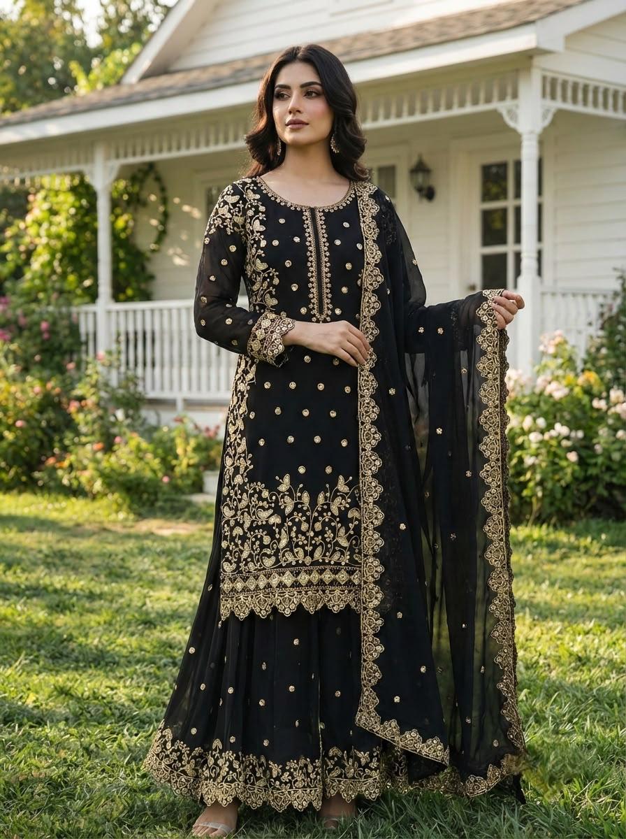 Black Premium Embroidered Sequin Faux Georgette Palazzo Set with Dupatta