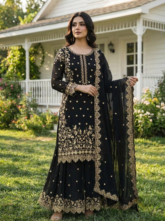 Black Premium Embroidered Sequin Faux Georgette Palazzo Set with Dupatta