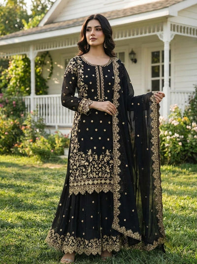 Black Premium Embroidered Sequin Faux Georgette Palazzo Set with Dupatta