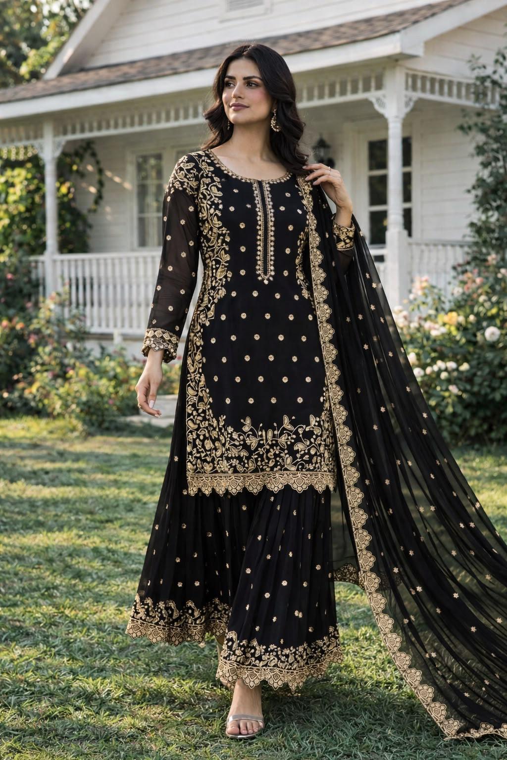 Black Premium Embroidered Sequin Faux Georgette Palazzo Set with Dupatta