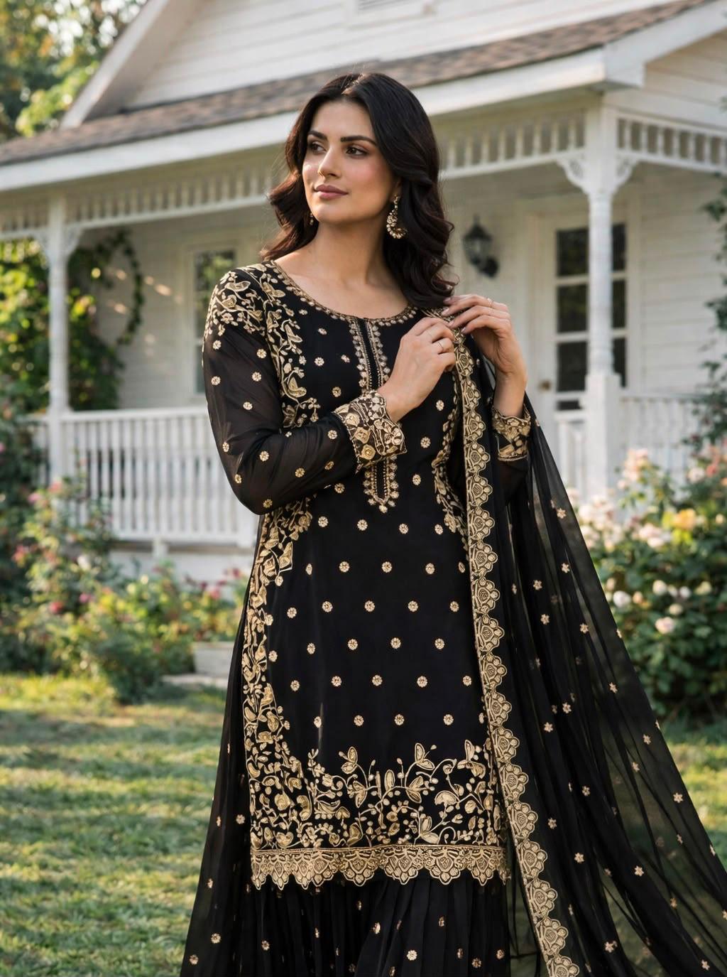 Black Premium Embroidered Sequin Faux Georgette Palazzo Set with Dupatta