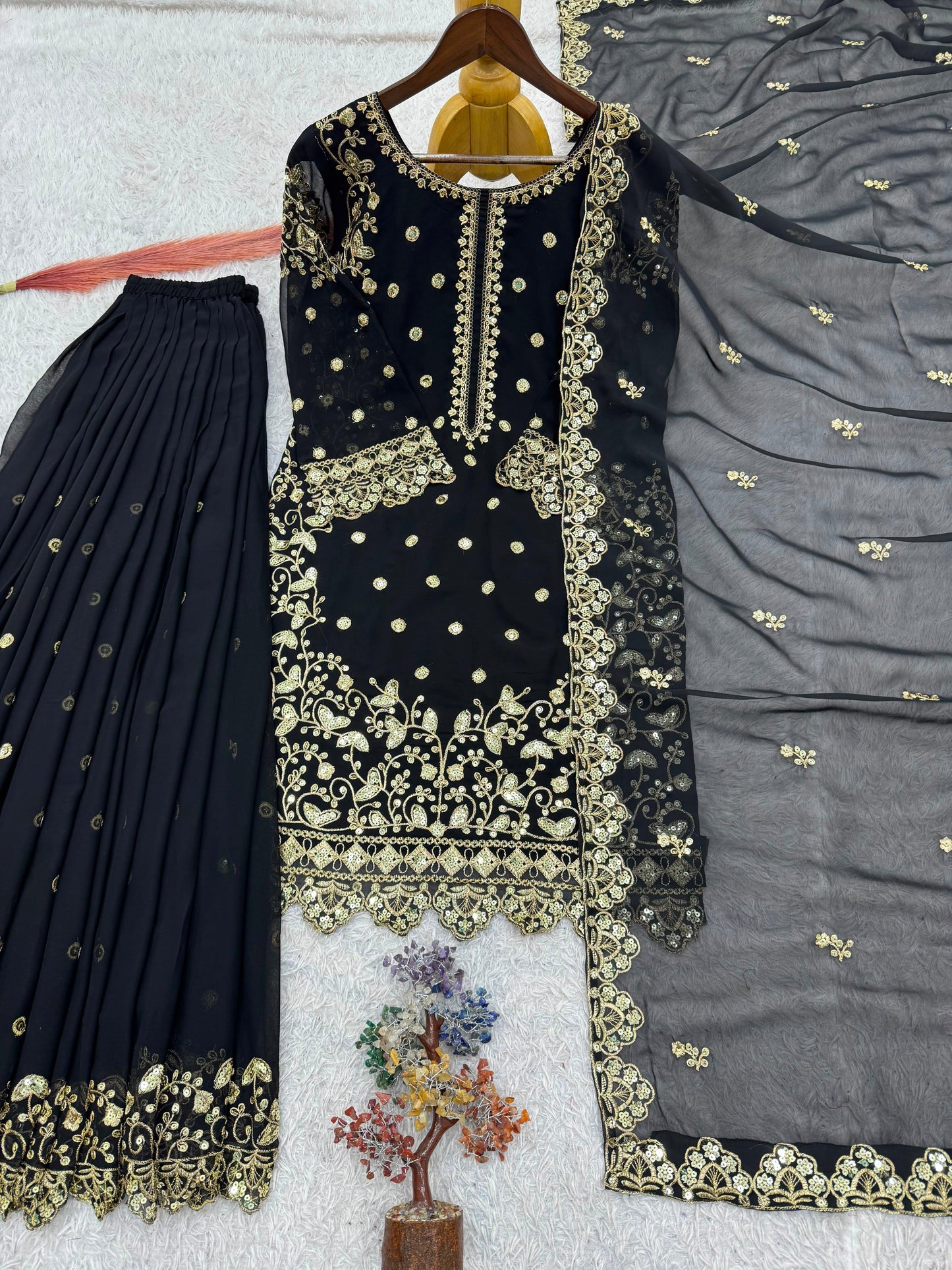 Black Premium Embroidered Sequin Faux Georgette Palazzo Set with Dupatta