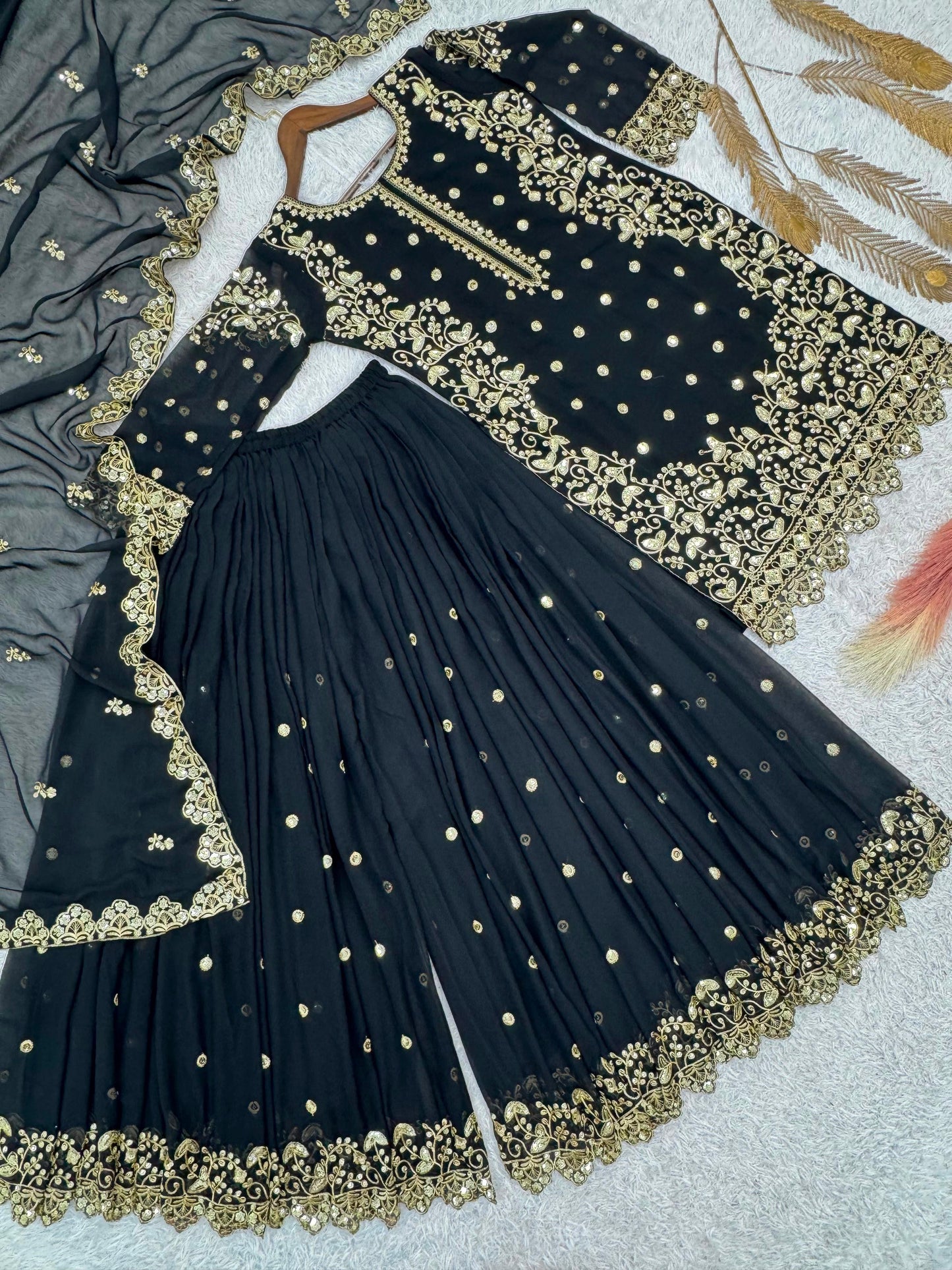 Black Premium Embroidered Sequin Faux Georgette Palazzo Set with Dupatta