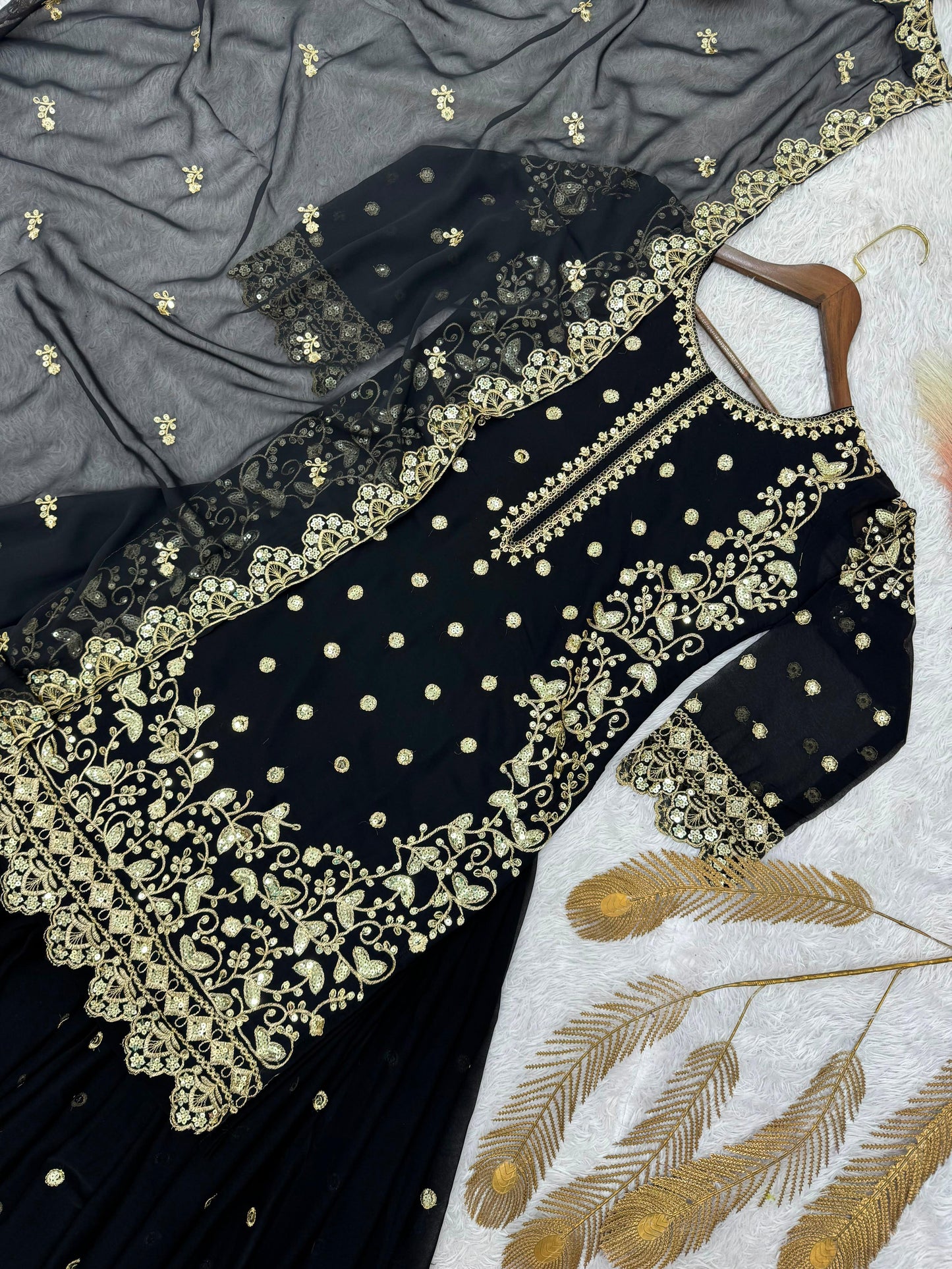 Black Premium Embroidered Sequin Faux Georgette Palazzo Set with Dupatta
