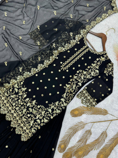 Black Premium Embroidered Sequin Faux Georgette Palazzo Set with Dupatta