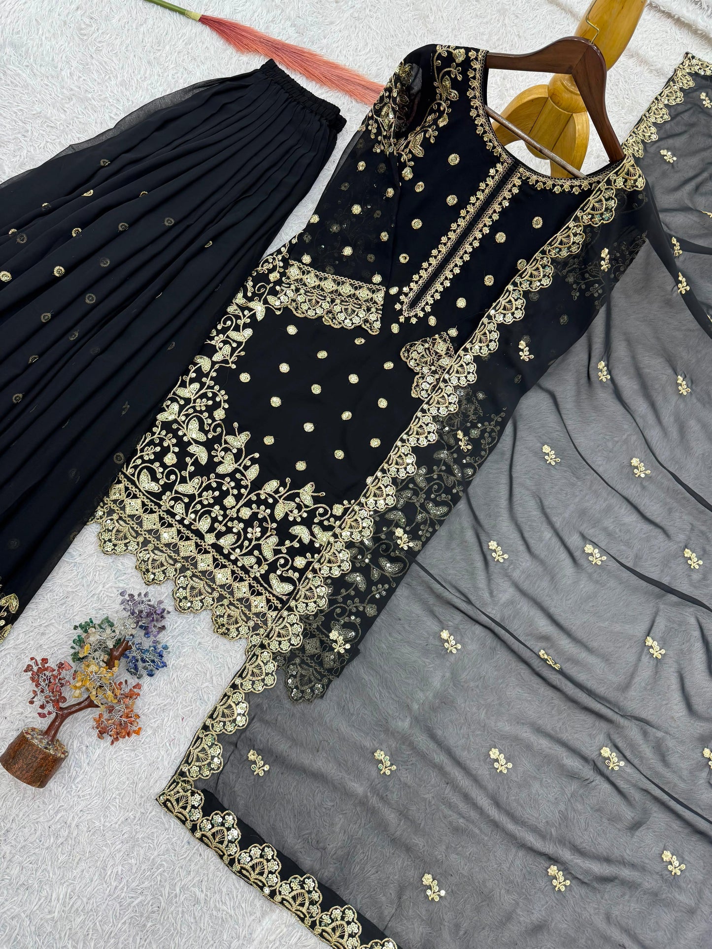 Black Premium Embroidered Sequin Faux Georgette Palazzo Set with Dupatta