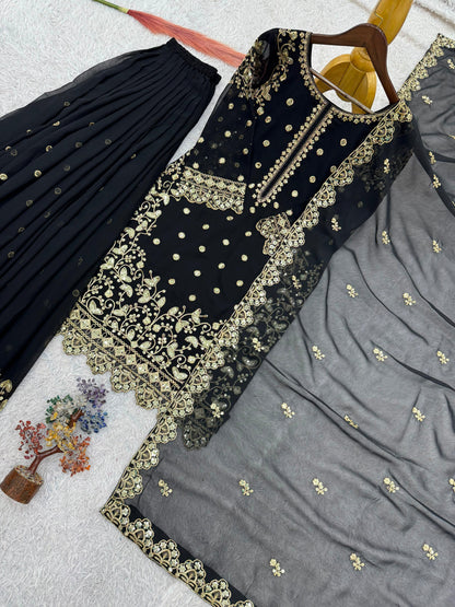 Black Premium Embroidered Sequin Faux Georgette Palazzo Set with Dupatta