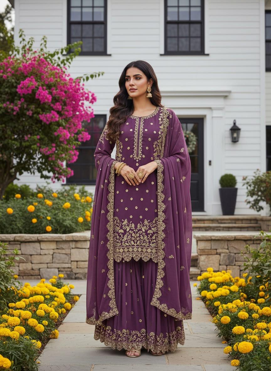 Dusty Pink Premium Embroidered Sequin Faux Georgette Palazzo Set with Dupatta
