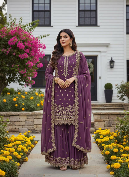 Dusty Pink Premium Embroidered Sequin Faux Georgette Palazzo Set with Dupatta