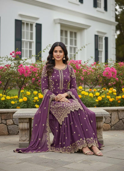 Dusty Pink Premium Embroidered Sequin Faux Georgette Palazzo Set with Dupatta