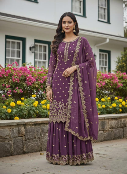 Dusty Pink Premium Embroidered Sequin Faux Georgette Palazzo Set with Dupatta