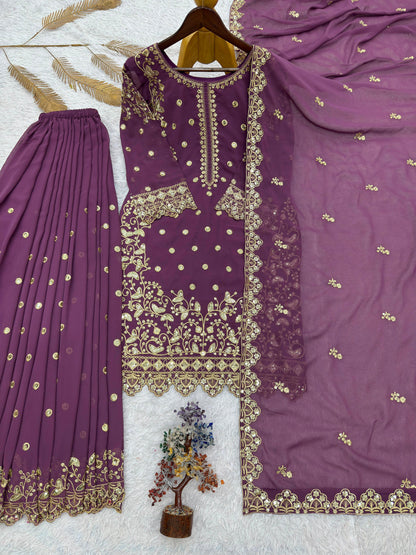 Dusty Pink Premium Embroidered Sequin Faux Georgette Palazzo Set with Dupatta