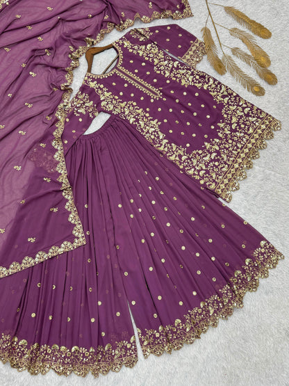 Dusty Pink Premium Embroidered Sequin Faux Georgette Palazzo Set with Dupatta