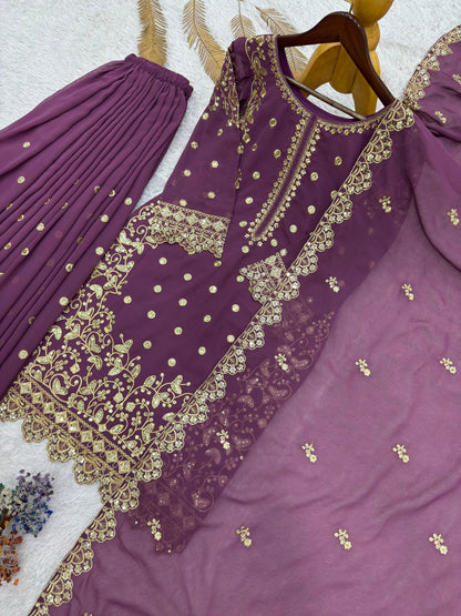 Dusty Pink Premium Embroidered Sequin Faux Georgette Palazzo Set with Dupatta