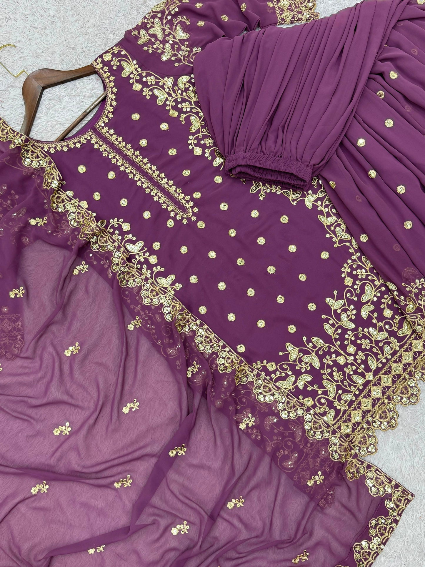 Dusty Pink Premium Embroidered Sequin Faux Georgette Palazzo Set with Dupatta