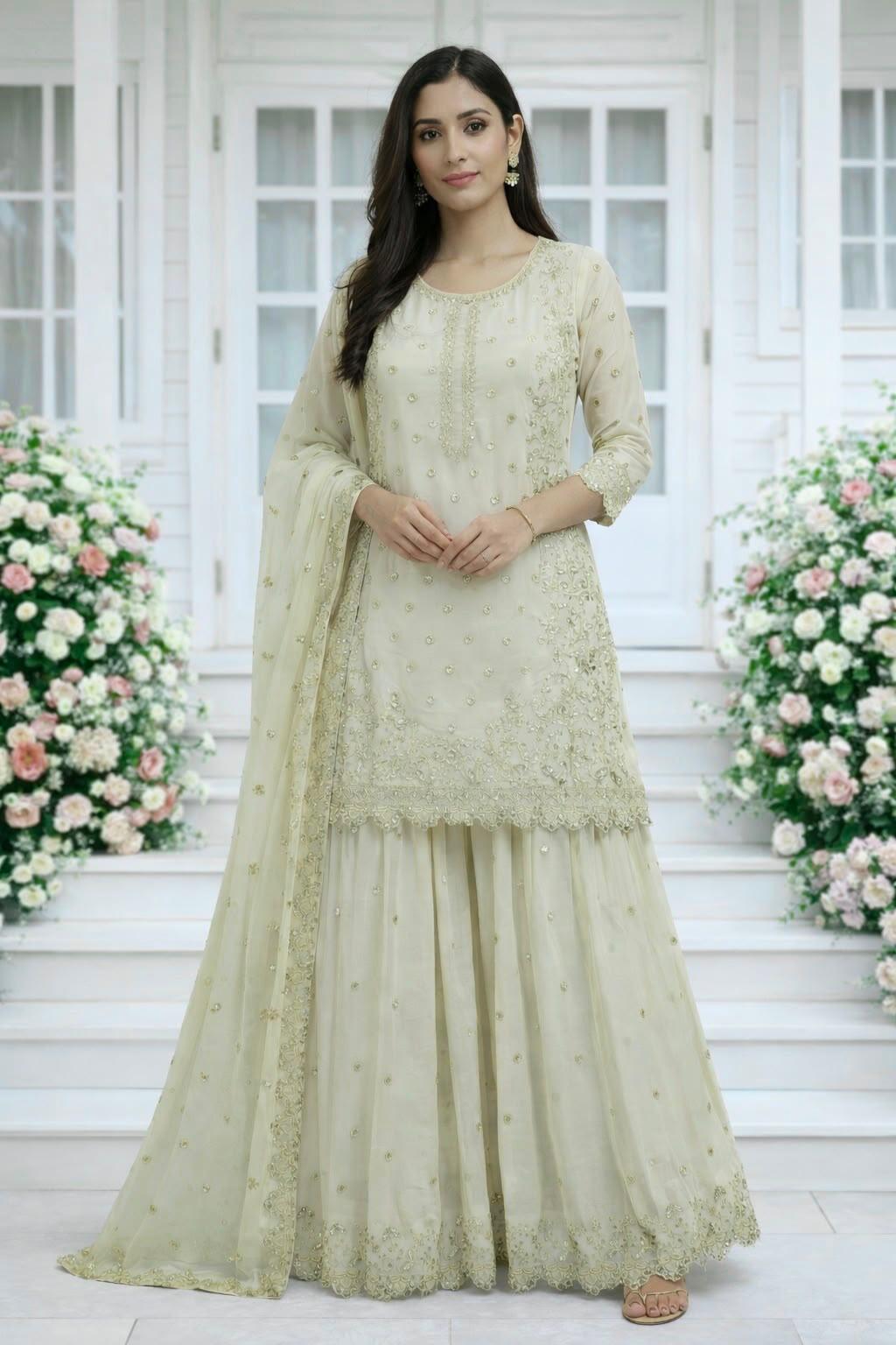 Beige Premium Embroidered Sequin Faux Georgette Palazzo Set with Dupatta