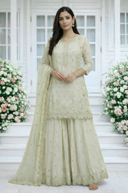 Beige Premium Embroidered Sequin Faux Georgette Palazzo Set with Dupatta