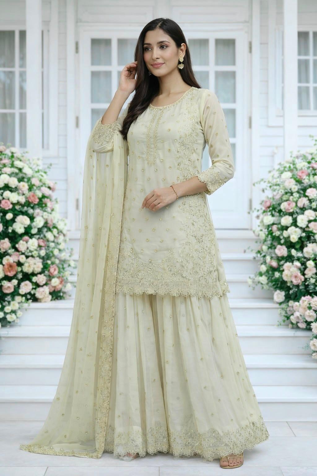 Beige Premium Embroidered Sequin Faux Georgette Palazzo Set with Dupatta