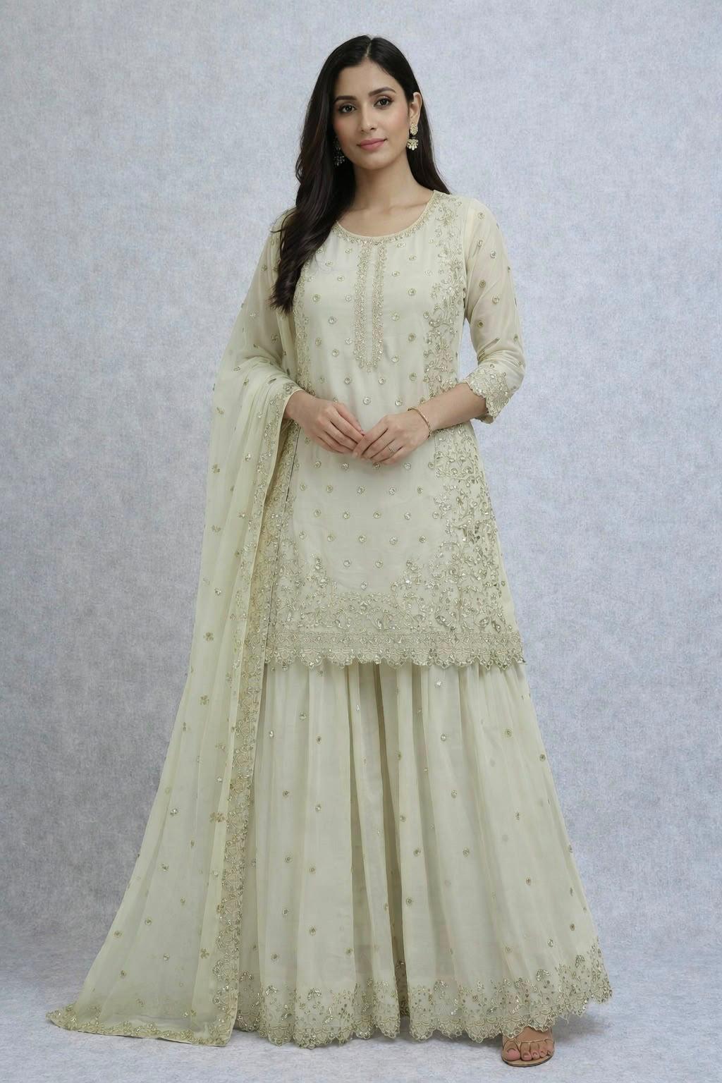 Beige Premium Embroidered Sequin Faux Georgette Palazzo Set with Dupatta