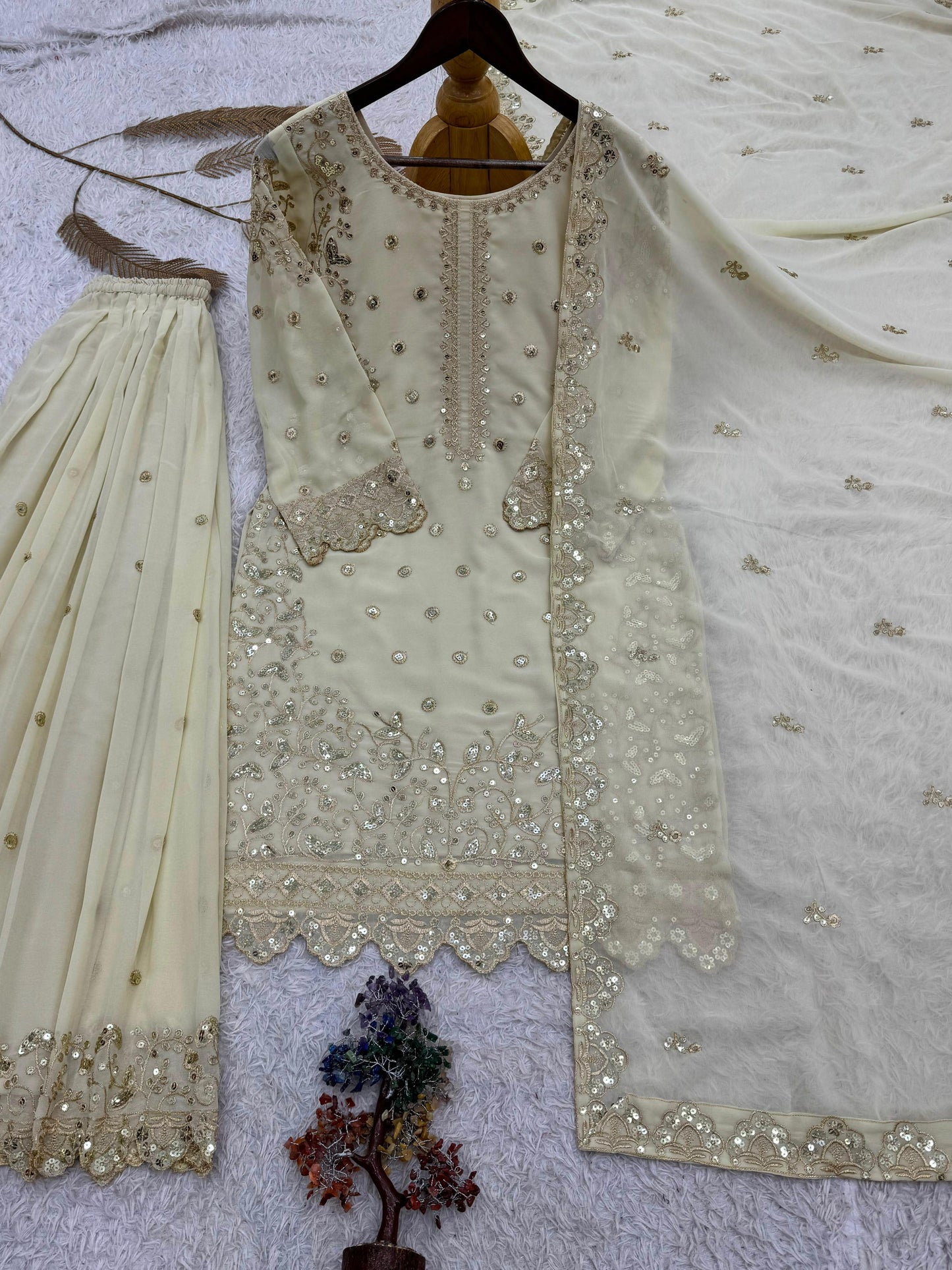 Beige Premium Embroidered Sequin Faux Georgette Palazzo Set with Dupatta