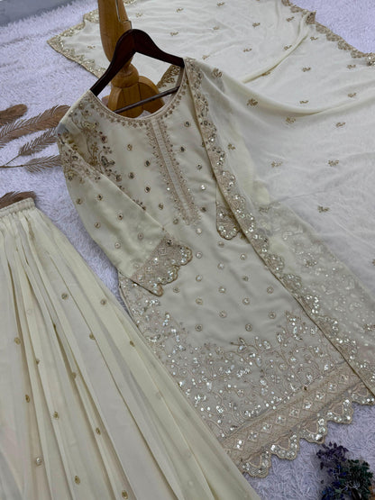Beige Premium Embroidered Sequin Faux Georgette Palazzo Set with Dupatta