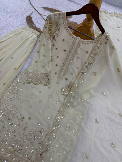 Beige Premium Embroidered Sequin Faux Georgette Palazzo Set with Dupatta