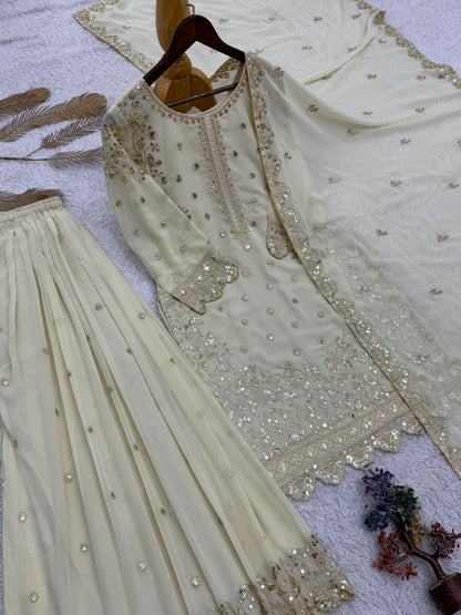 Beige Premium Embroidered Sequin Faux Georgette Palazzo Set with Dupatta