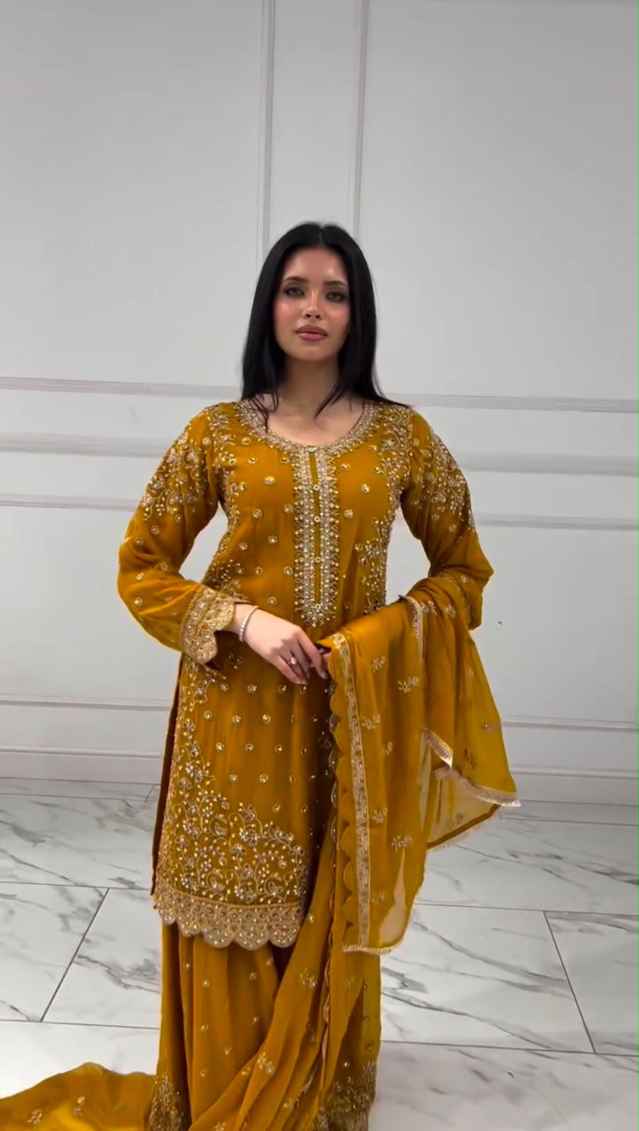 Mustard Premium Embroidered Sequin Faux Georgette Palazzo Set with Dupatta