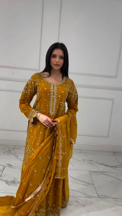 Mustard Premium Embroidered Sequin Faux Georgette Palazzo Set with Dupatta