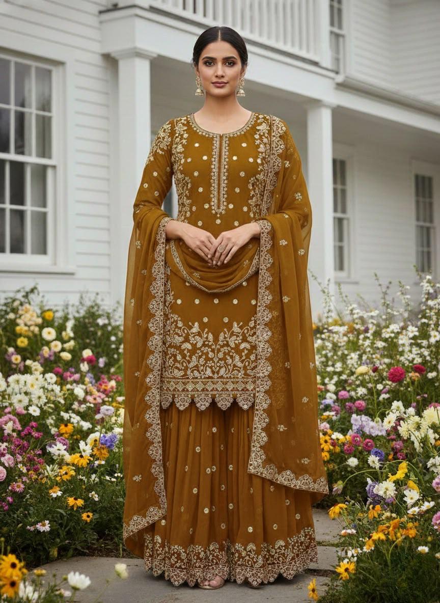 Mustard Premium Embroidered Sequin Faux Georgette Palazzo Set with Dupatta