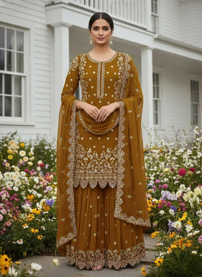 Mustard Premium Embroidered Sequin Faux Georgette Palazzo Set with Dupatta