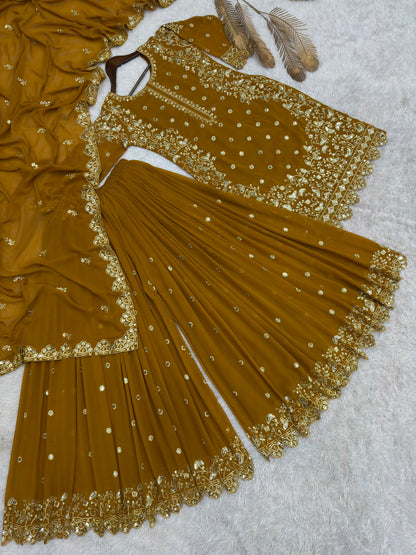 Mustard Premium Embroidered Sequin Faux Georgette Palazzo Set with Dupatta