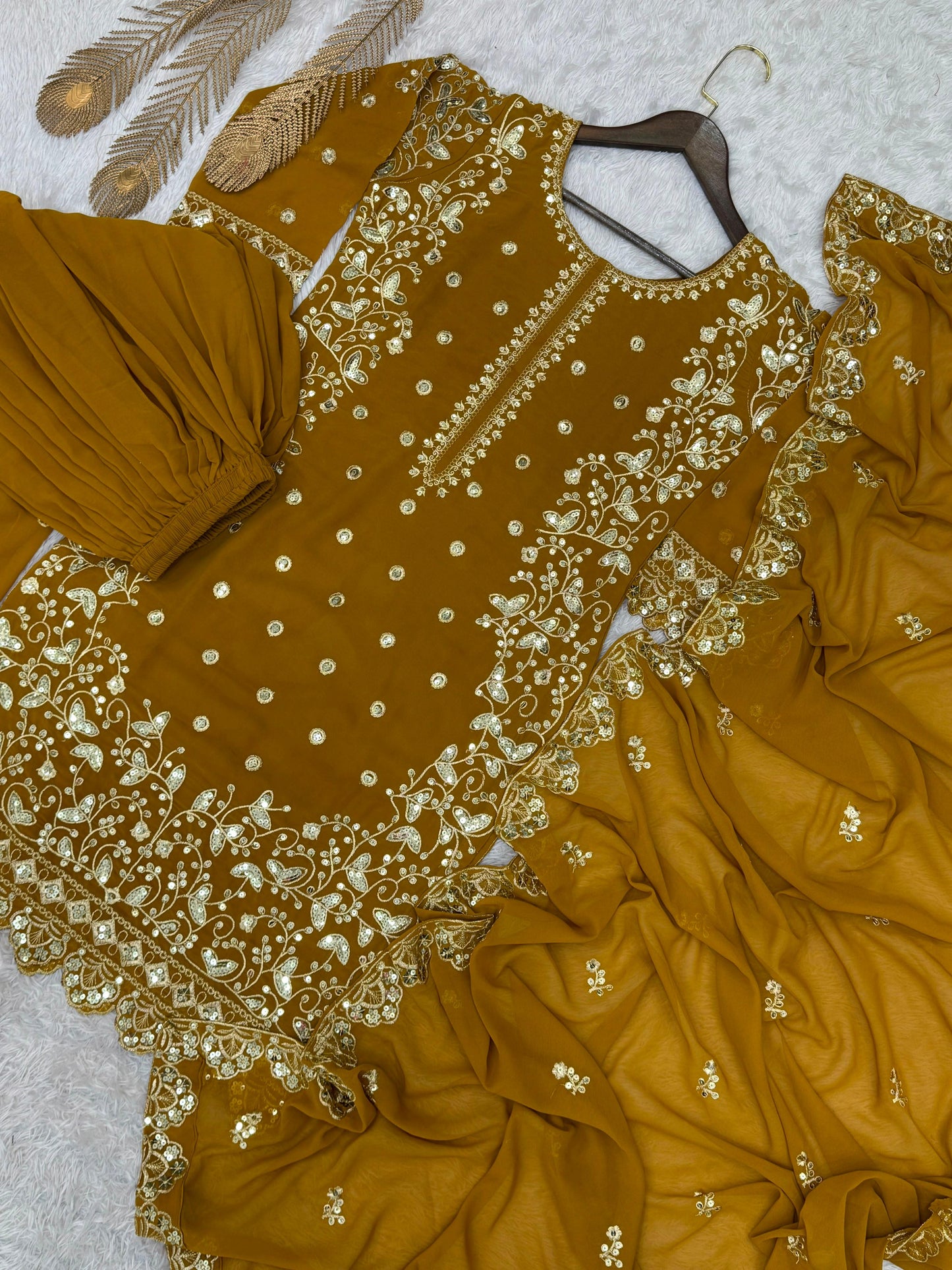 Mustard Premium Embroidered Sequin Faux Georgette Palazzo Set with Dupatta
