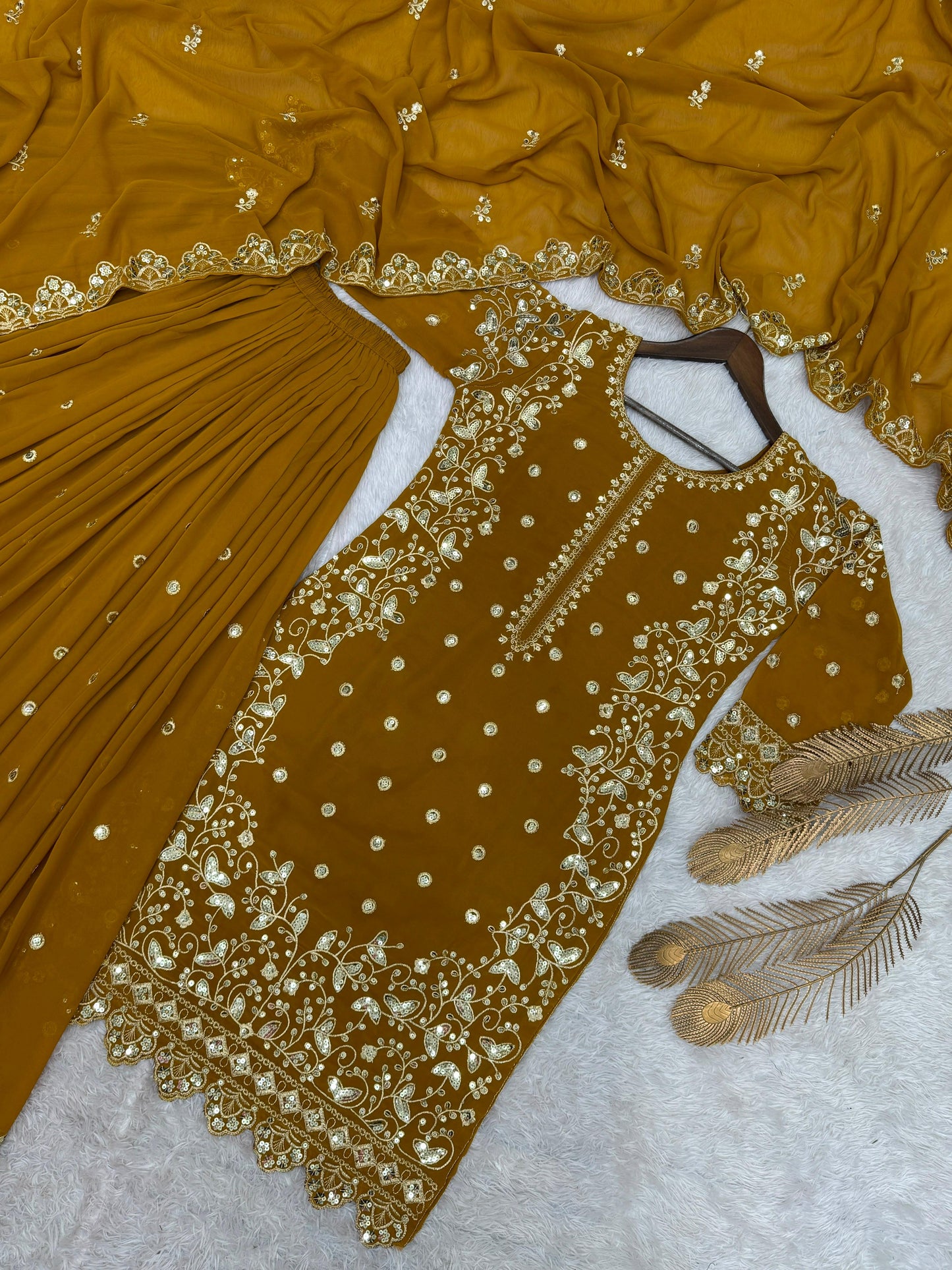Mustard Premium Embroidered Sequin Faux Georgette Palazzo Set with Dupatta