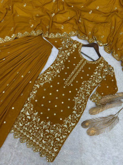 Mustard Premium Embroidered Sequin Faux Georgette Palazzo Set with Dupatta