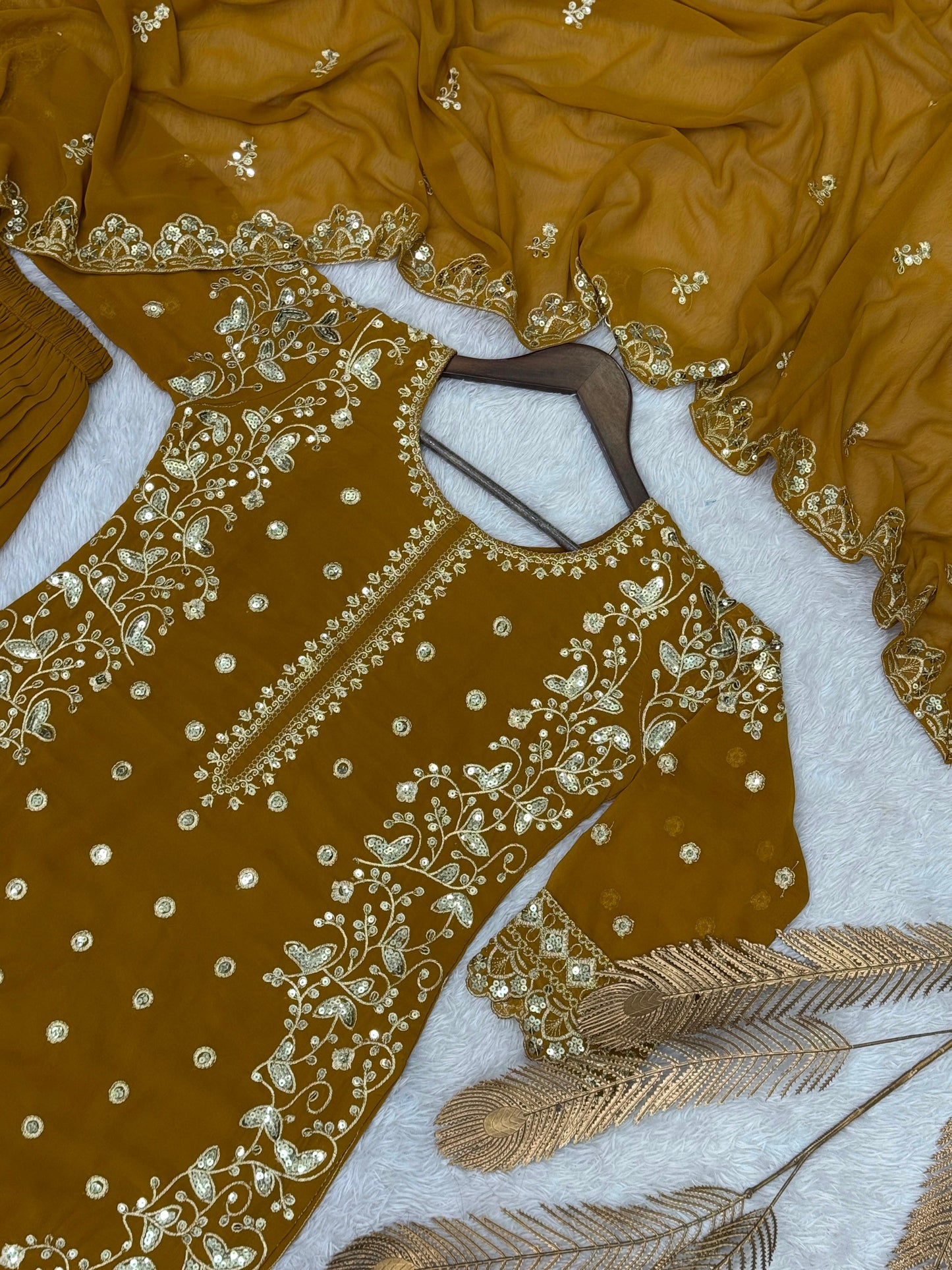 Mustard Premium Embroidered Sequin Faux Georgette Palazzo Set with Dupatta