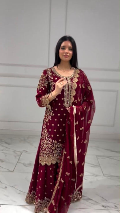 Maroon Premium Embroidered Sequin Faux Georgette Palazzo Set with Dupatta