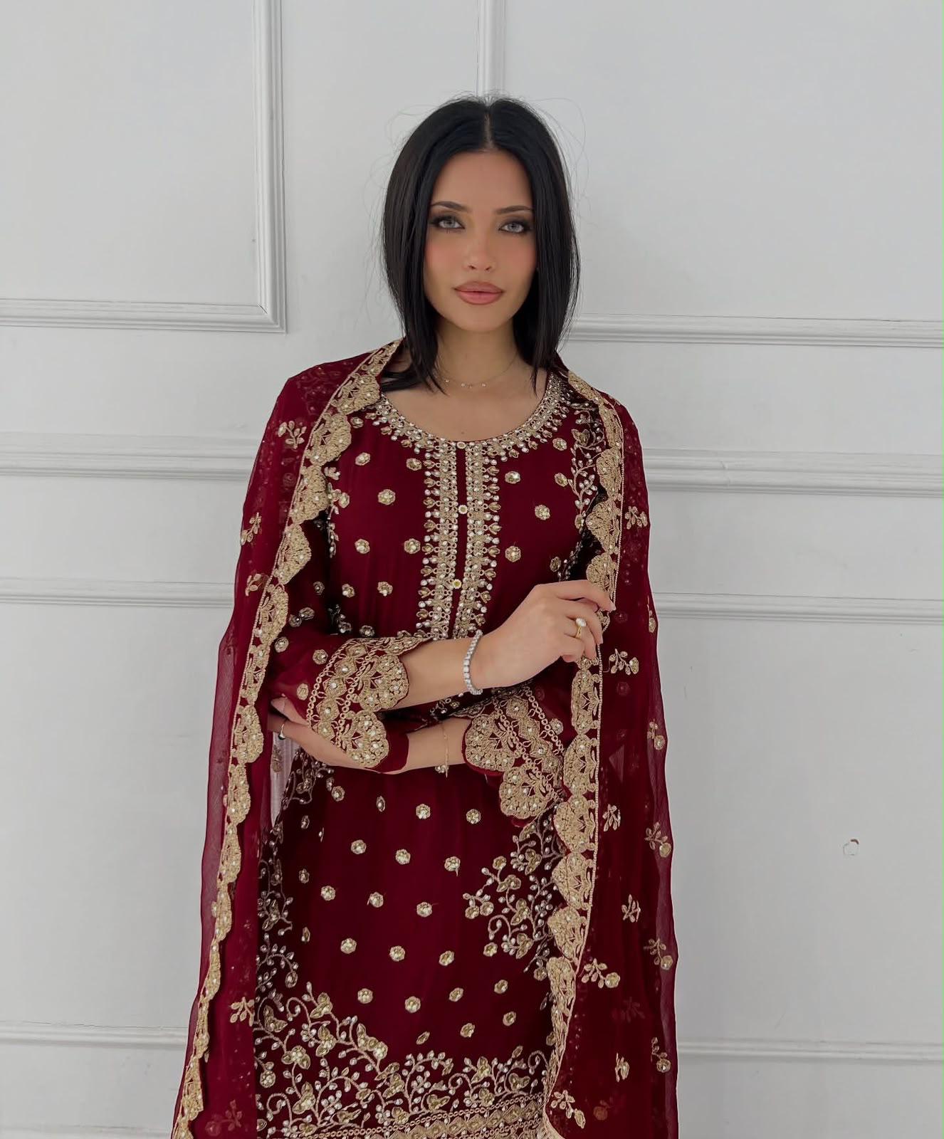 Maroon Premium Embroidered Sequin Faux Georgette Palazzo Set with Dupatta