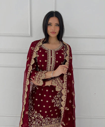 Maroon Premium Embroidered Sequin Faux Georgette Palazzo Set with Dupatta