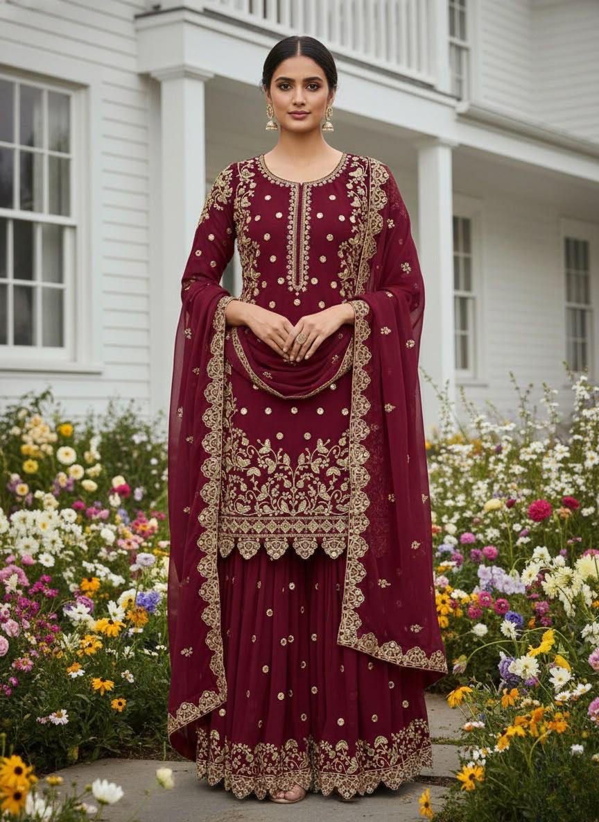 Maroon Premium Embroidered Sequin Faux Georgette Palazzo Set with Dupatta