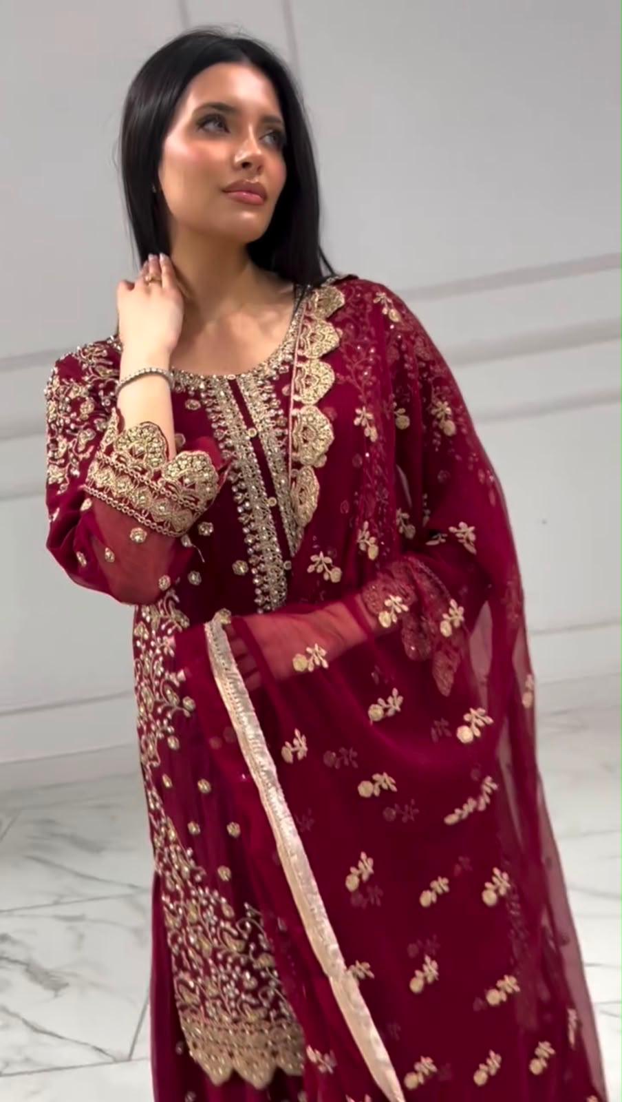 Maroon Premium Embroidered Sequin Faux Georgette Palazzo Set with Dupatta