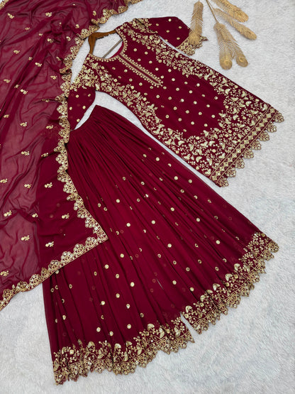 Maroon Premium Embroidered Sequin Faux Georgette Palazzo Set with Dupatta