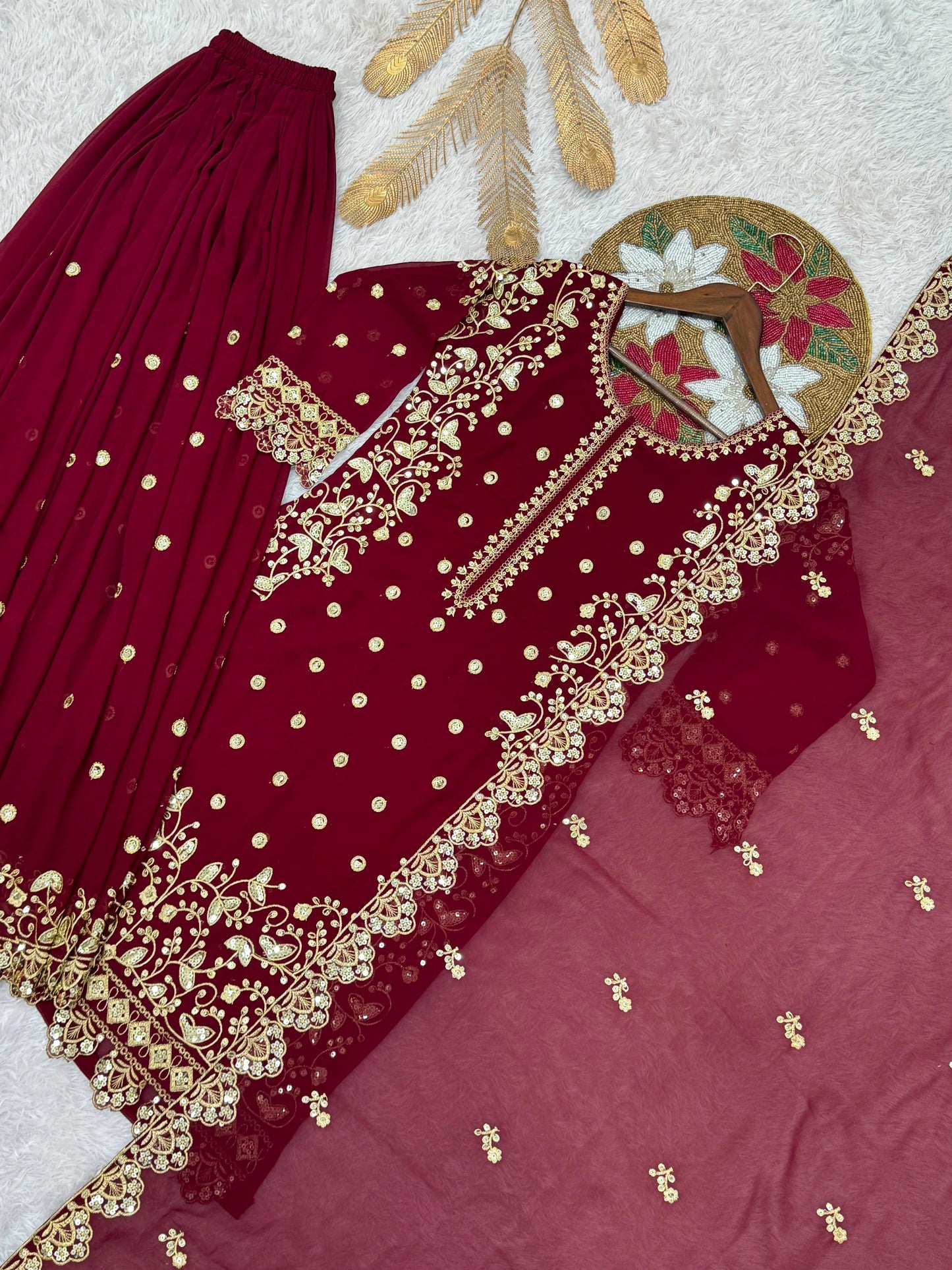 Maroon Premium Embroidered Sequin Faux Georgette Palazzo Set with Dupatta
