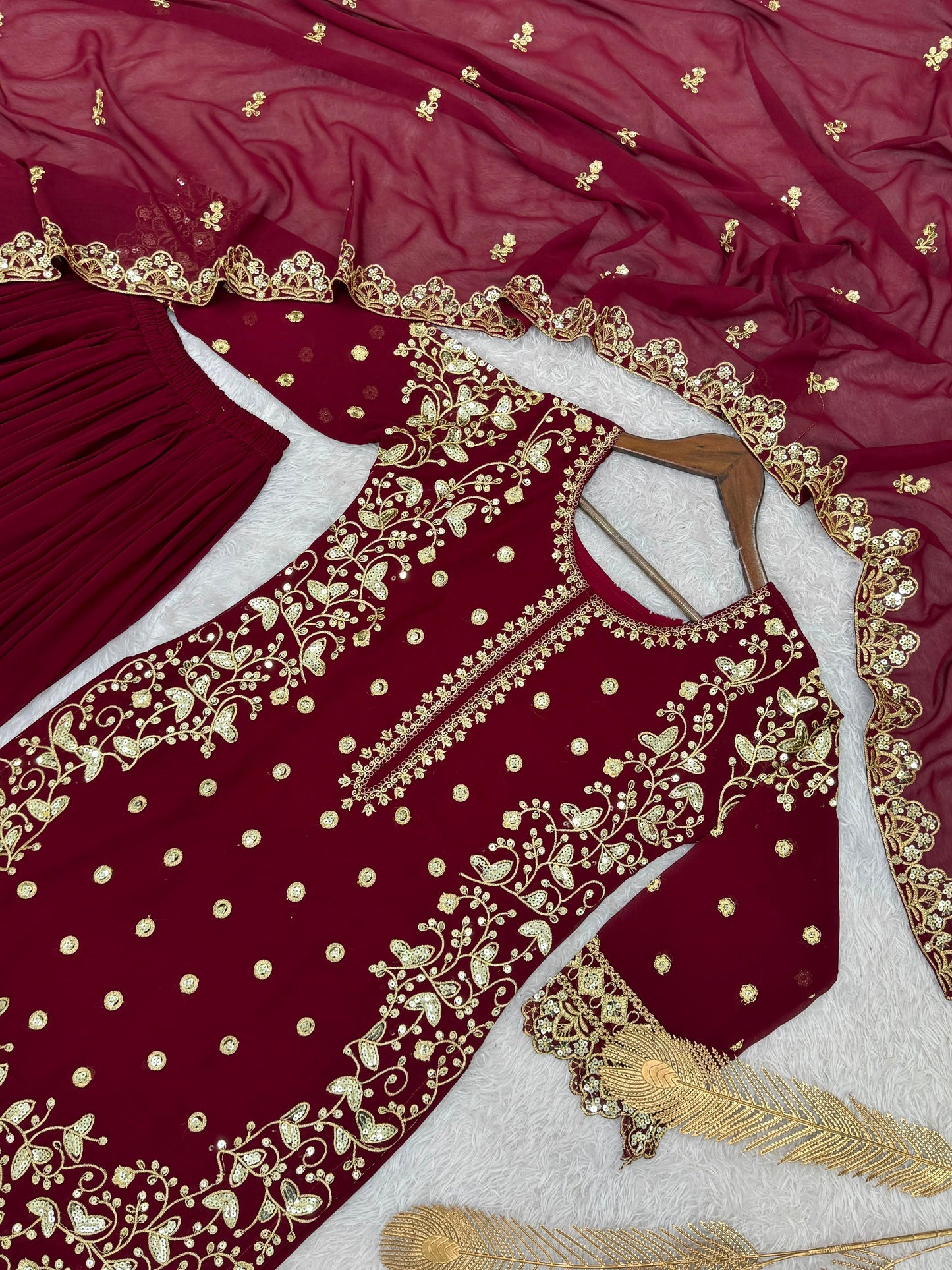 Maroon Premium Embroidered Sequin Faux Georgette Palazzo Set with Dupatta