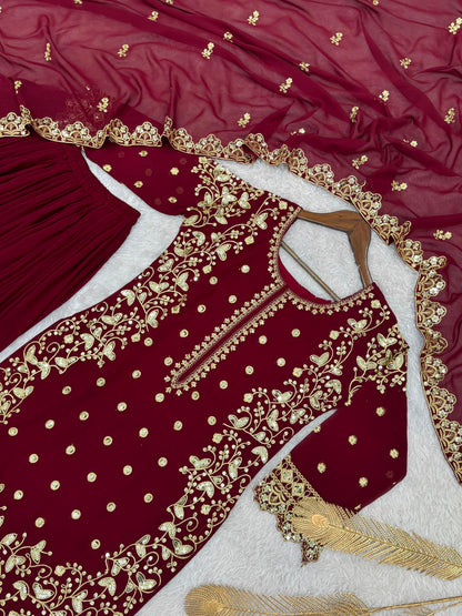 Maroon Premium Embroidered Sequin Faux Georgette Palazzo Set with Dupatta