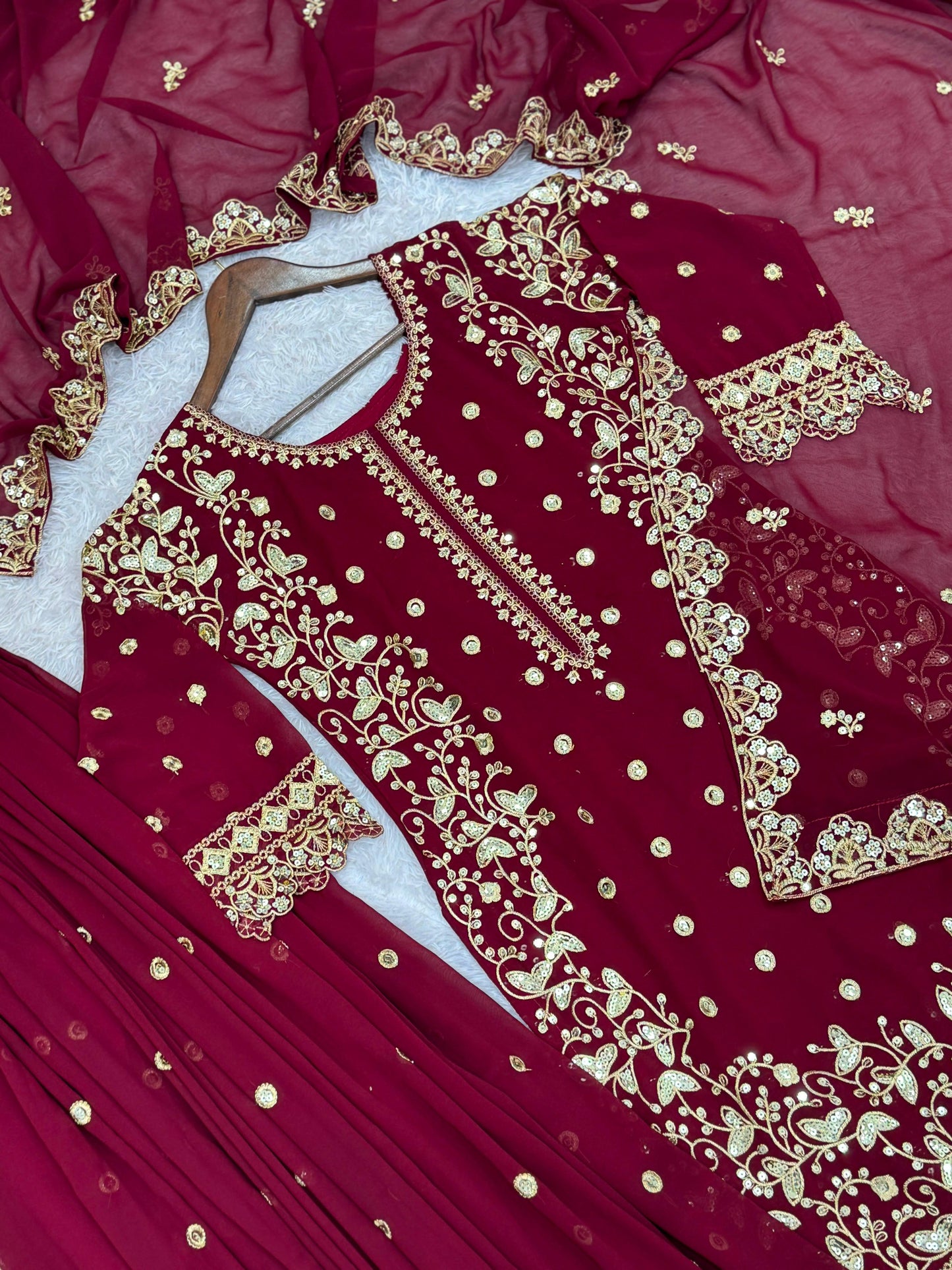 Maroon Premium Embroidered Sequin Faux Georgette Palazzo Set with Dupatta
